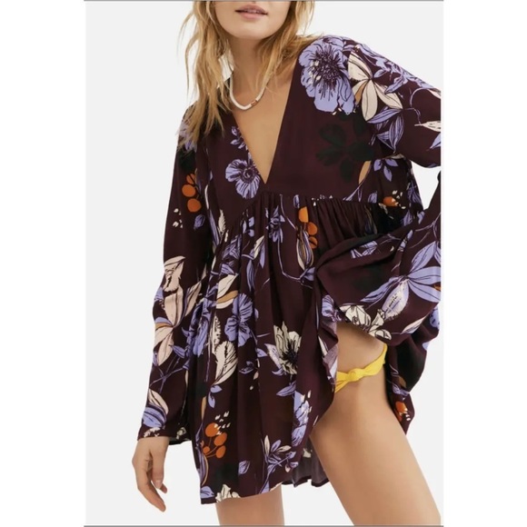 Free People Dresses & Skirts - FREE PEOPLE Bella Burgundy Bell Sleeve Floral Mini Dress or Tunic
